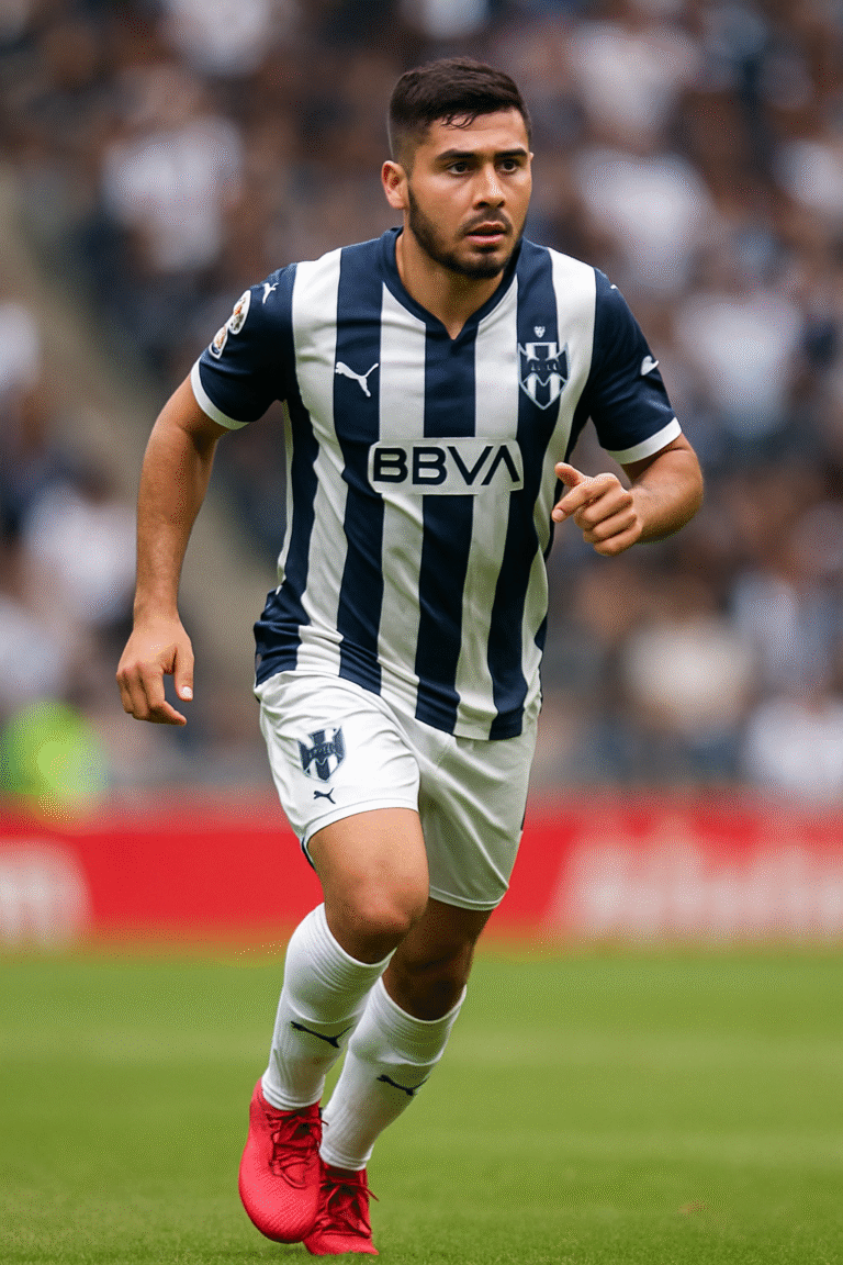 Humberto "Chupete" Suazo con camiseta de Rayados en acción, estilo fotográfico.