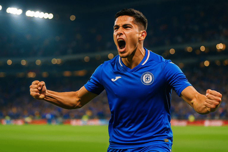 Jugador de fútbol con camiseta azul celebrando en estadio, imagen generada con DALL-E 3.