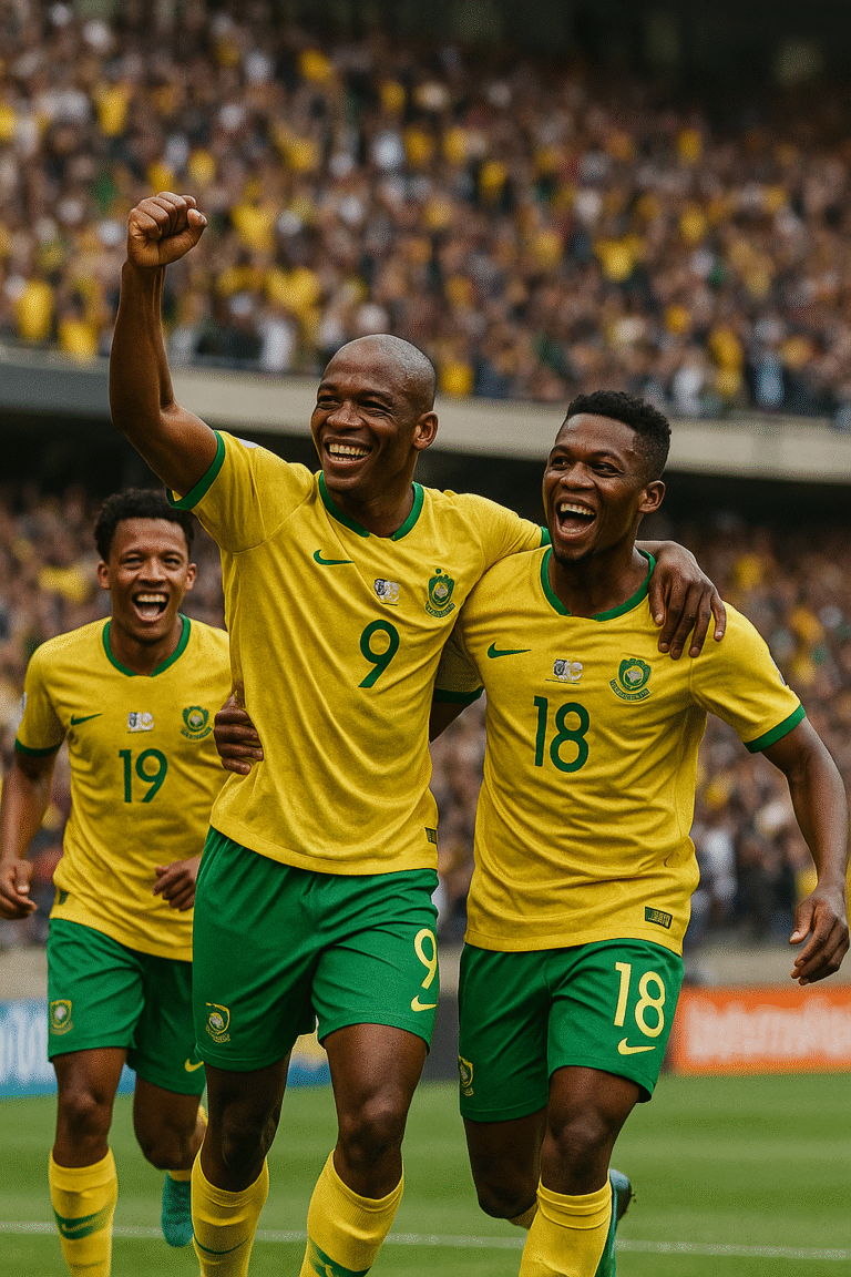 Jugadores sudafricanos celebran una victoria en el campo de futbol