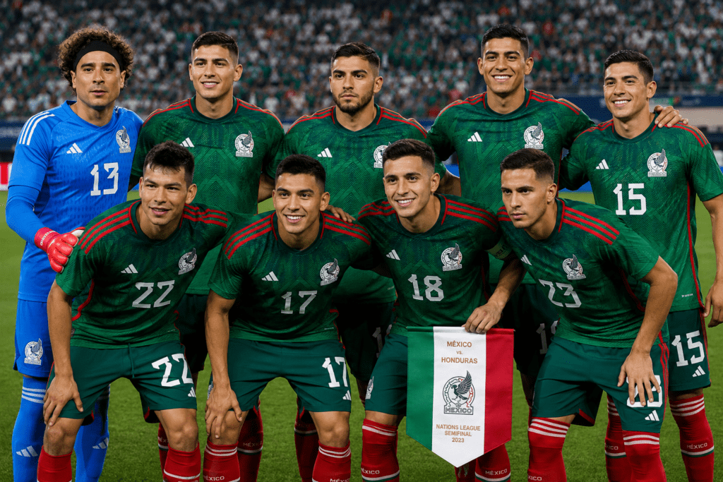 Jugadores de futbol vestidos con camisetas verdes posan en el campo de juego para una foto de equipo.