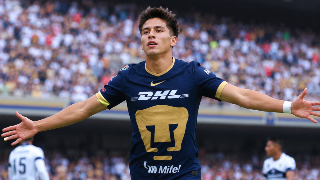 Jordan Carrillo corre celebrando con la camiseta azul y dorada de Pumas UNAM en un partido