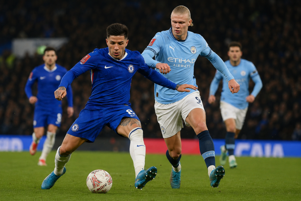 JJugadores de Manchester City y Chelsea disputan el balón en la final de la FA Cup.ugadores de Manchester City y Chelsea disputan el balón en la final de la FA Cup.