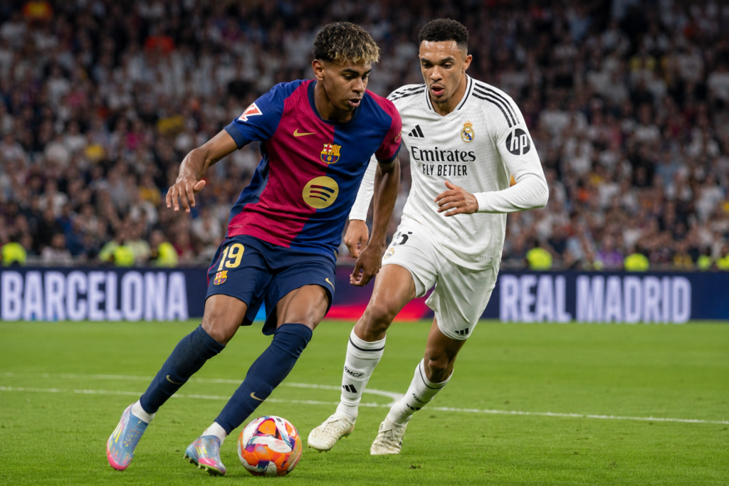 Un jugador del Barcelona controla el balón ante un defensor del Real Madrid durante el Clásico